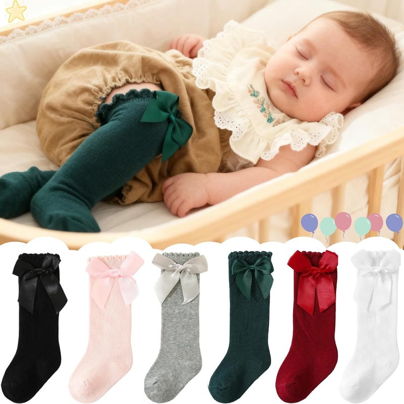 Sucrain 6 Pairs Baby Girl Knee High Socks Cotton Bow Dress Stockings Tube Ruffled Knit Socks for Newborn Infant Toddler - Image 5